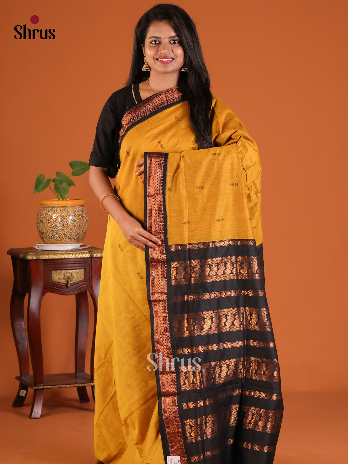 Mustard with Black - Kalyani Cotton Saree - Shop on Shrus.com