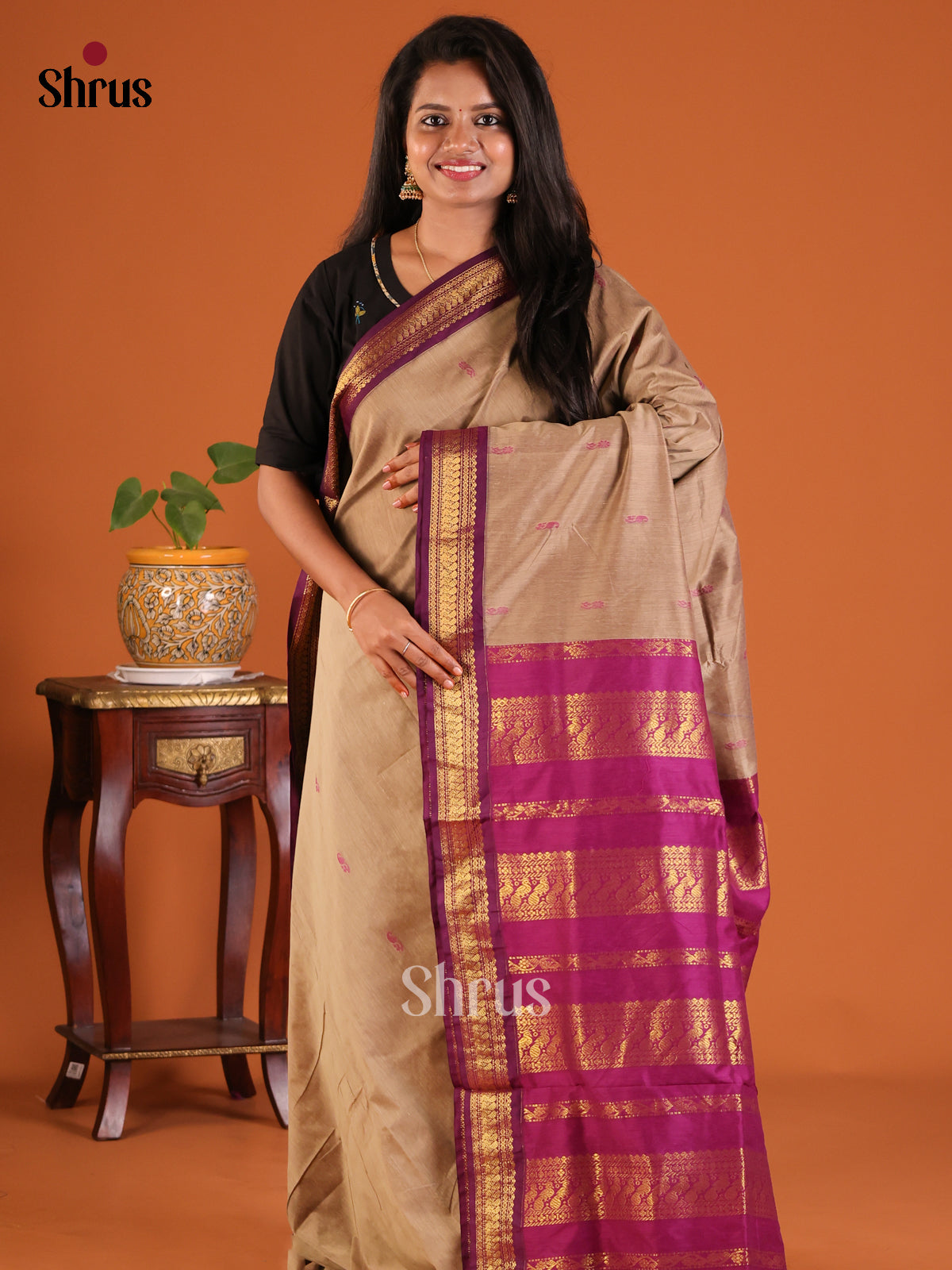 Beige with Purple- Kalyani Cotton Saree - Shop on Shrus.com