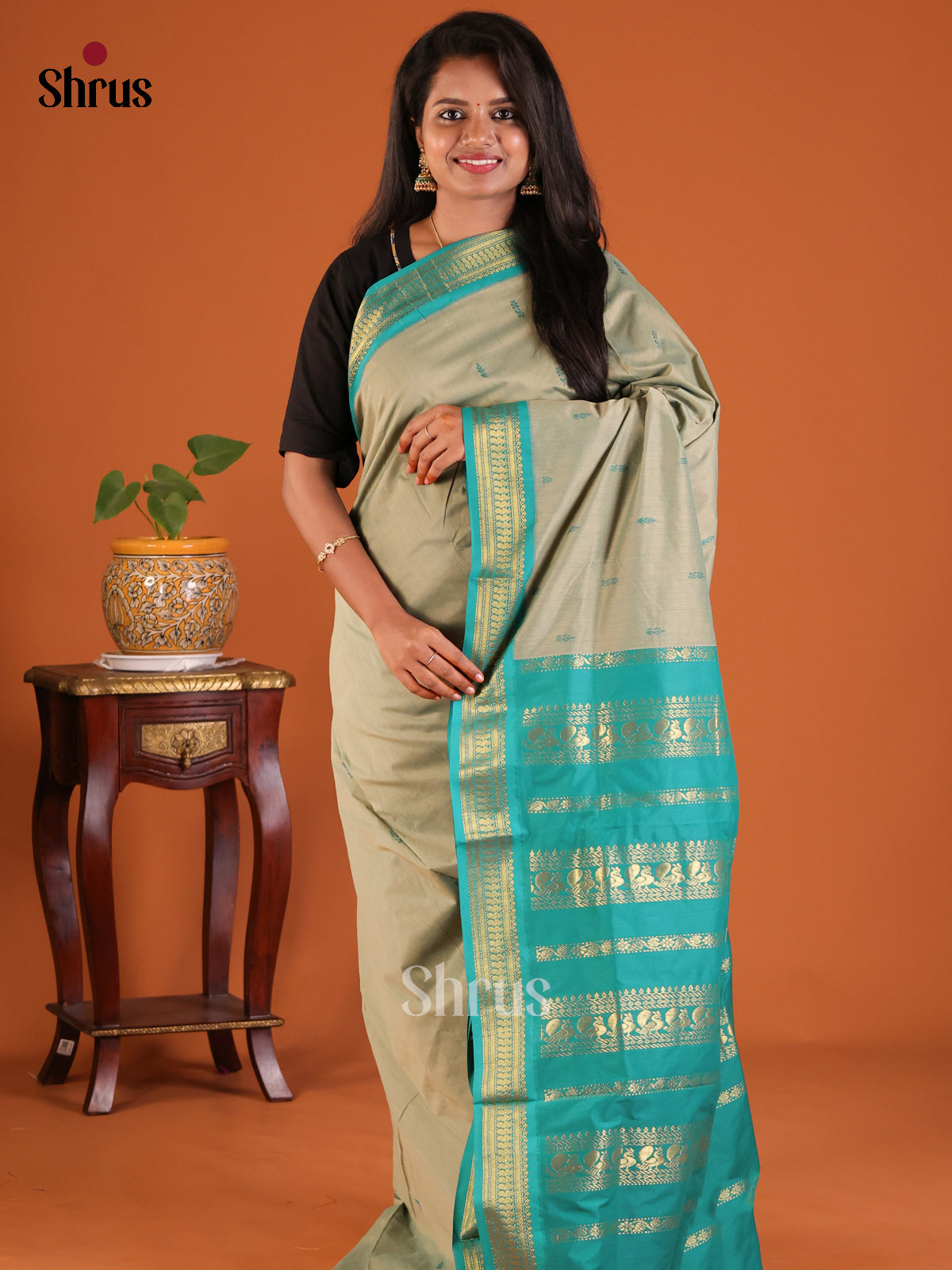 Grey with Teal - Kalyani Cotton Saree - Shop on Shrus.com