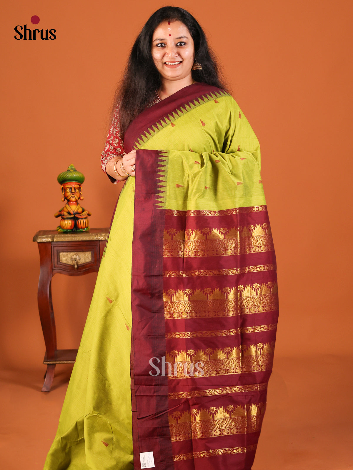 Lite Green with Maroon - Kalyani Cotton Saree - Shop on Shrus.com