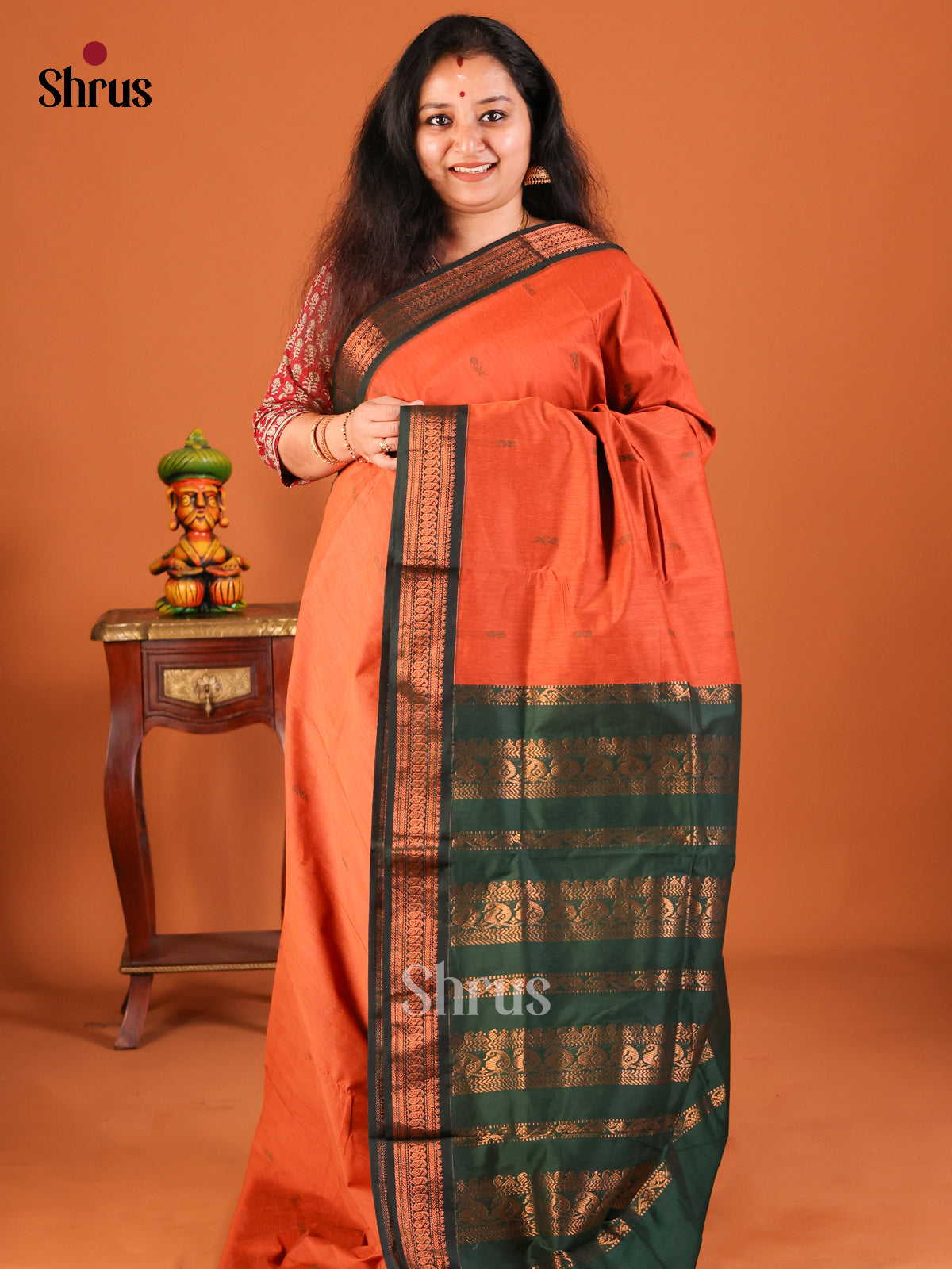 Orange with Green - Kalyani Cotton Saree - Shop on Shrus.com