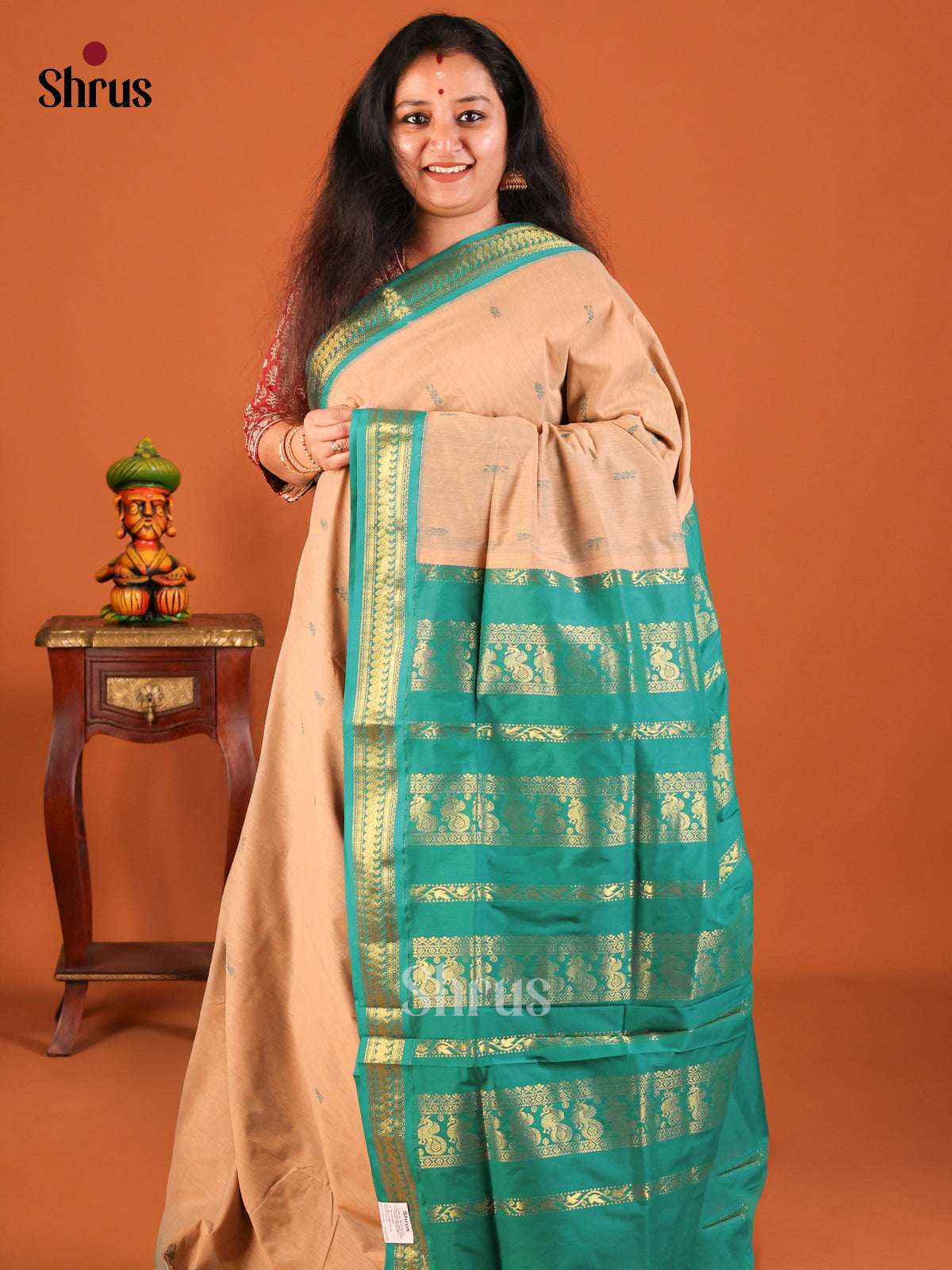 Peach with Green - Kalyani Cotton Saree - Shop on Shrus.com