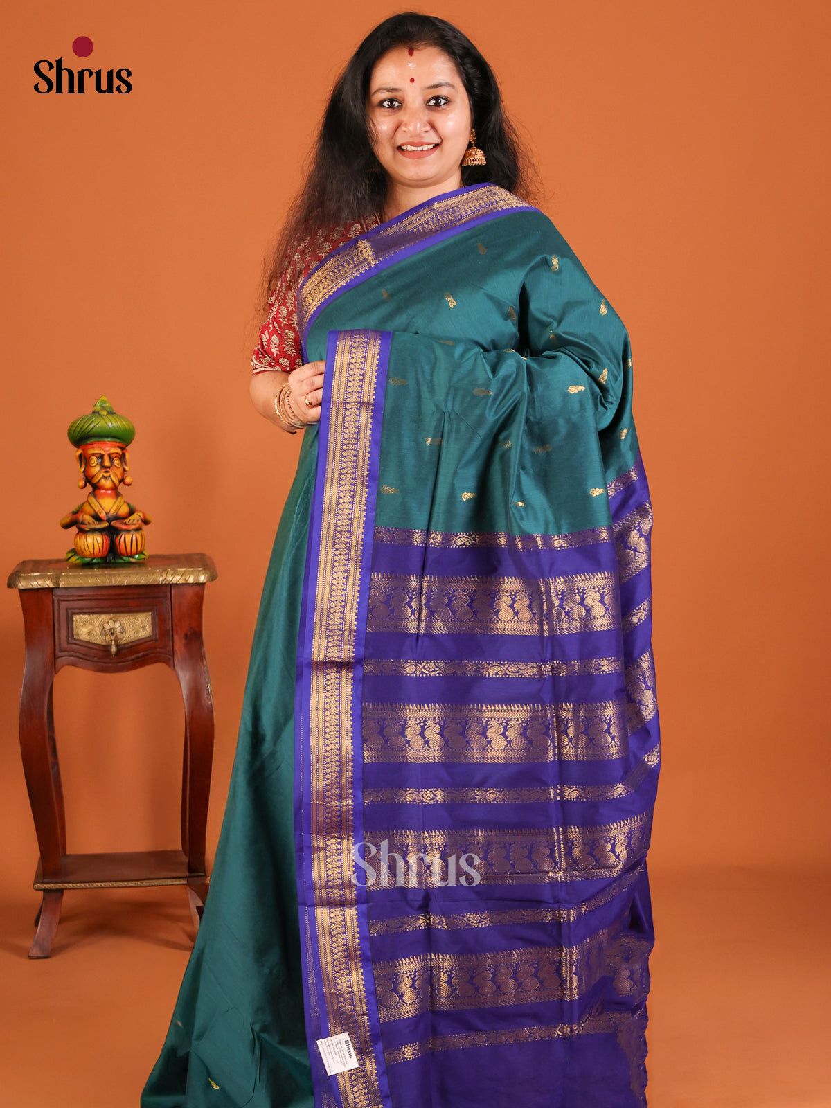 Peacock Green with Blue - Kalyani Cotton Saree - Shop on Shrus.com