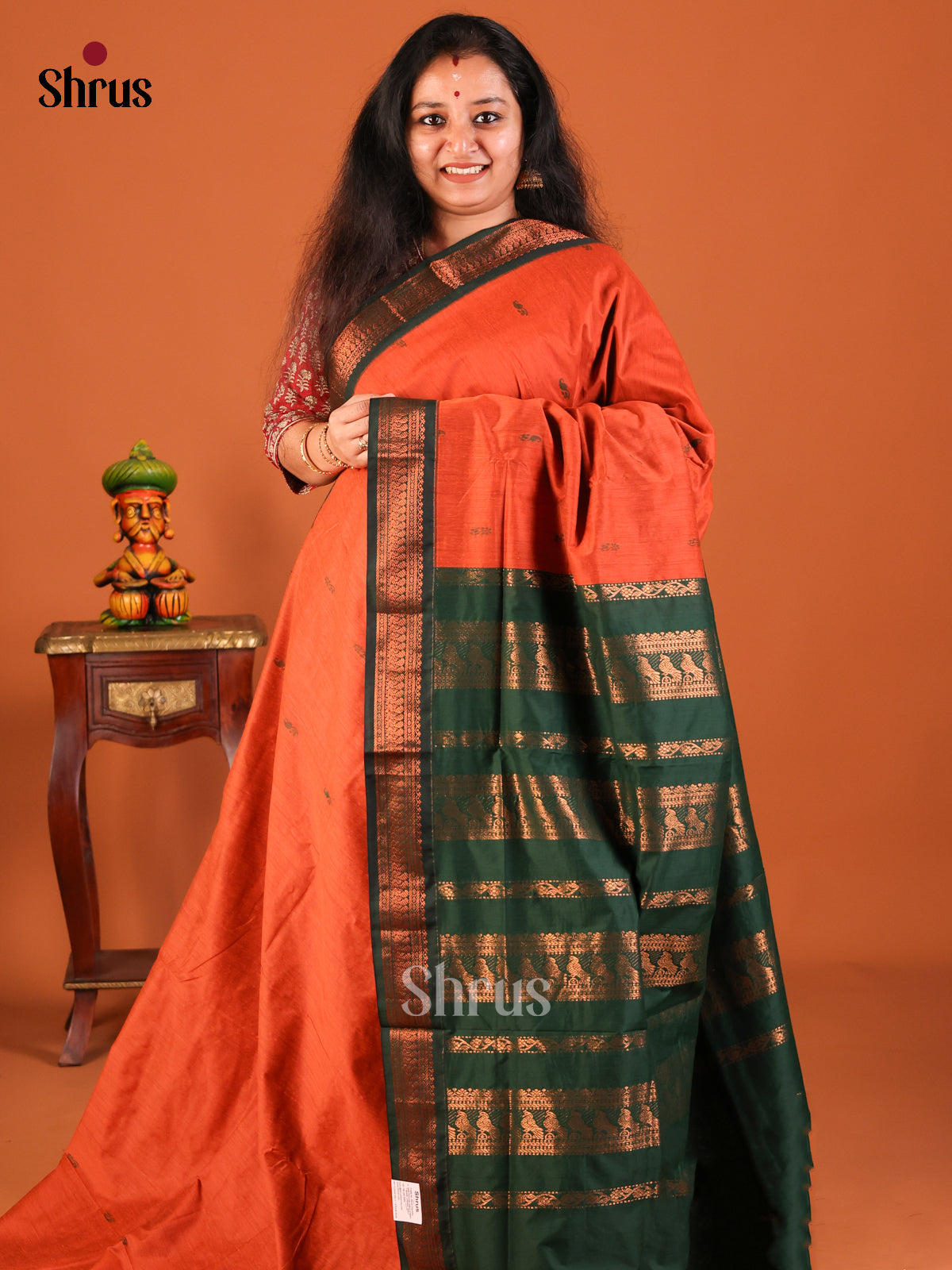Orange with Green - Kalyani Cotton Saree - Shop on Shrus.com