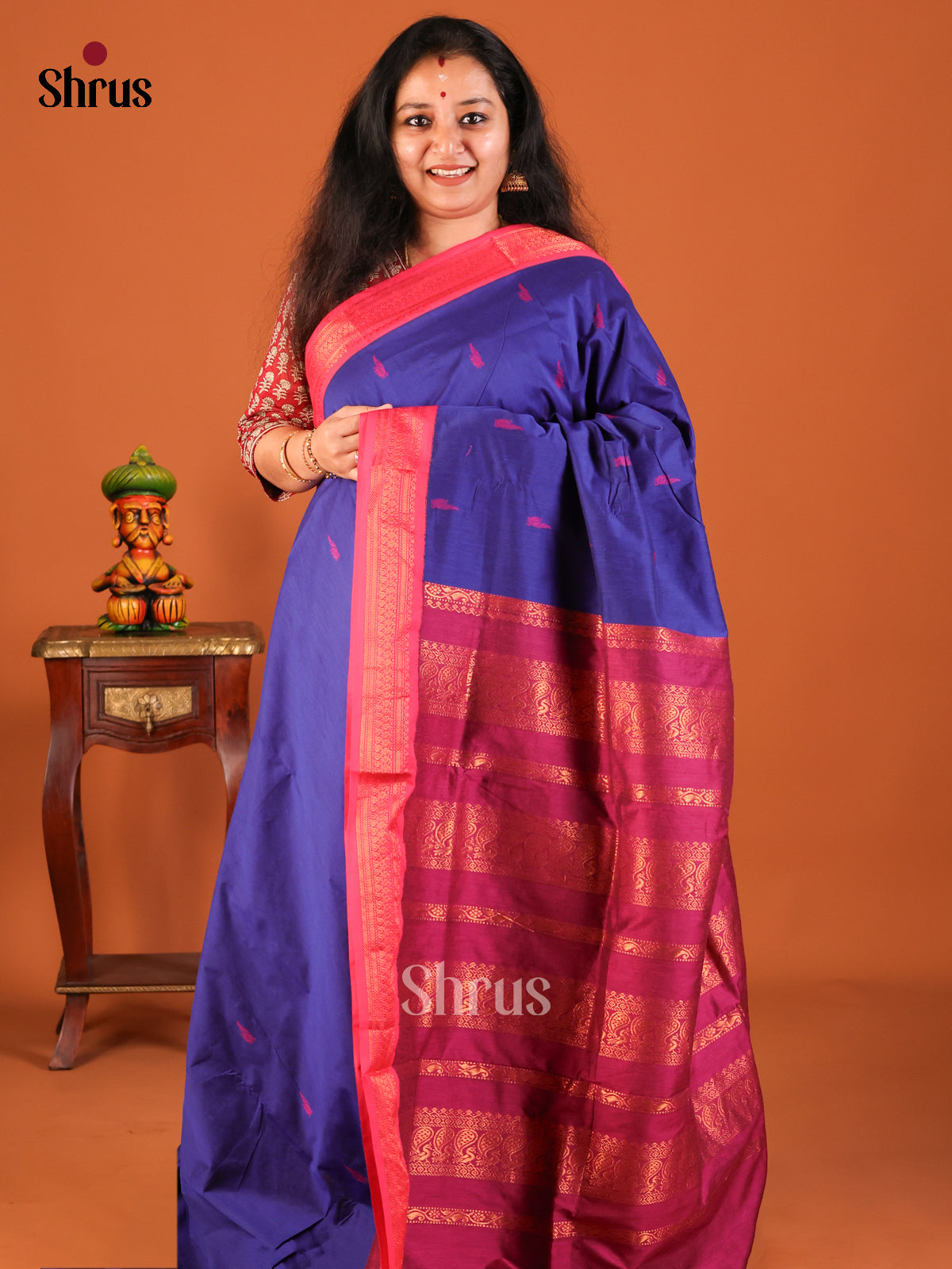 Blue with Majenta - Kalyani Cotton Saree - Shop on Shrus.com