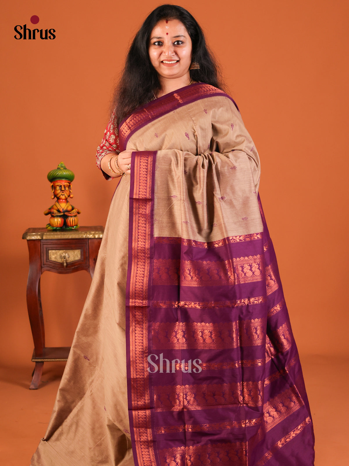 Dusty Brown with Purple - Kalyani Cotton Saree - Shop on Shrus.com