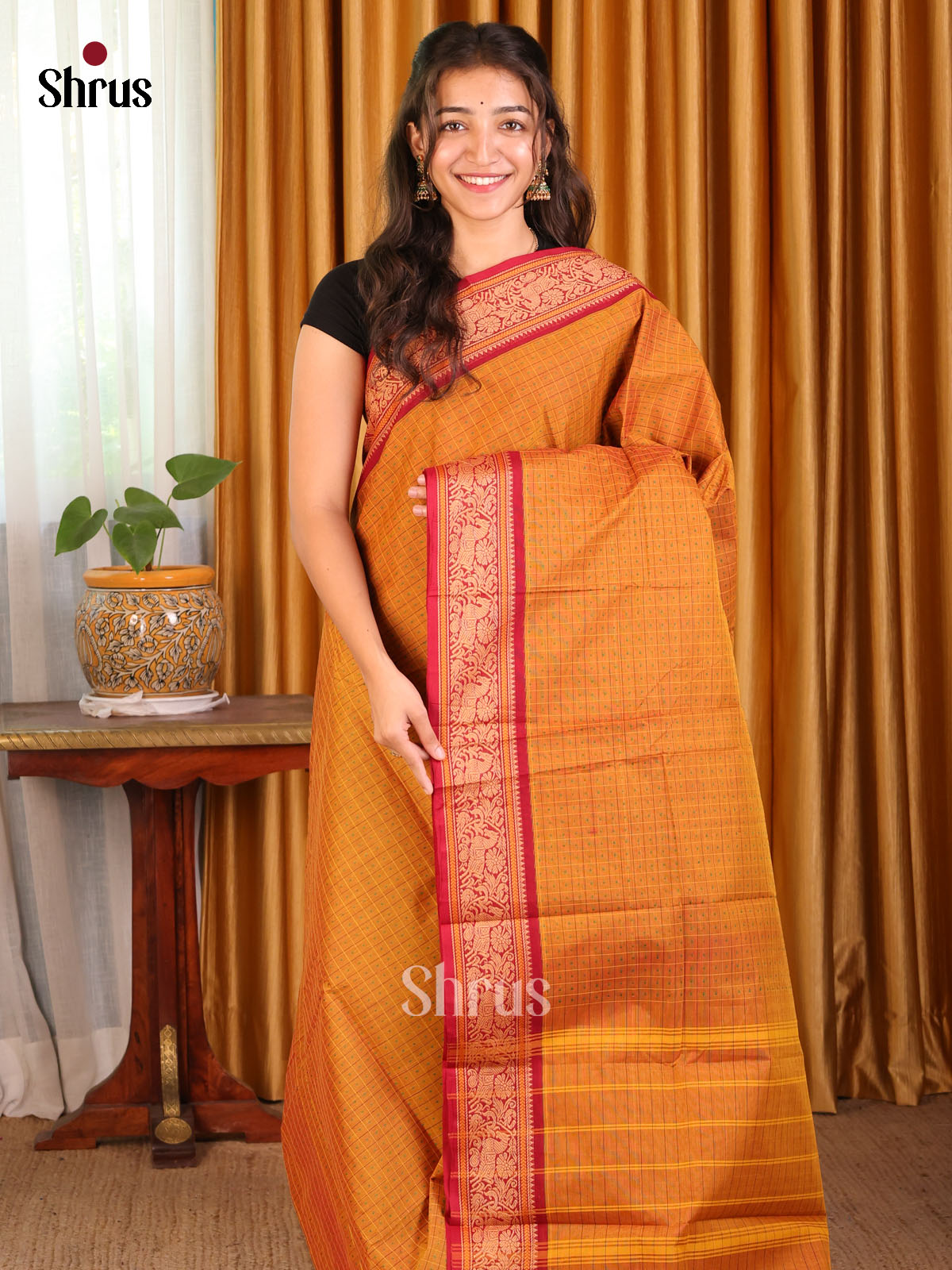 Brick with Red - Chettinad Cotton Saree - Shop on Shrus.com