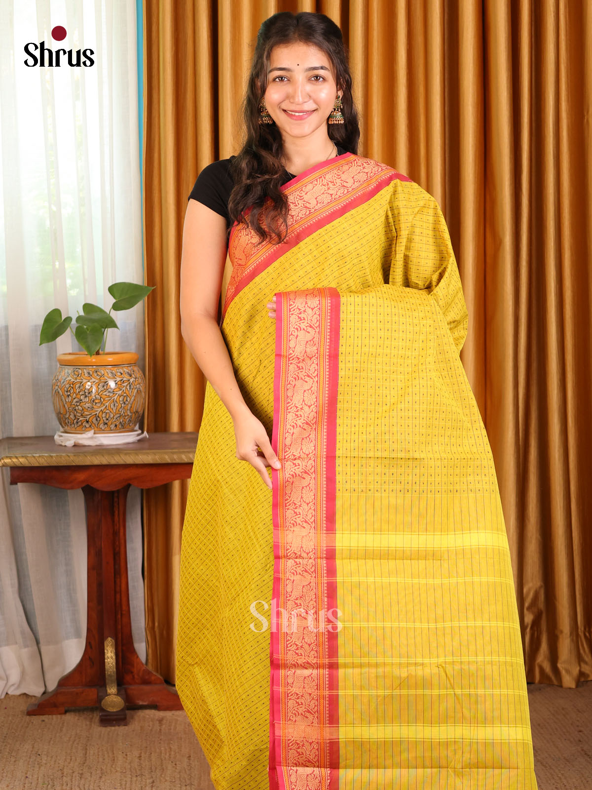 Graceful Mustard Checked Chettinad Cotton Saree with Buttas & Red Woven Border - Shop on Shrus.com