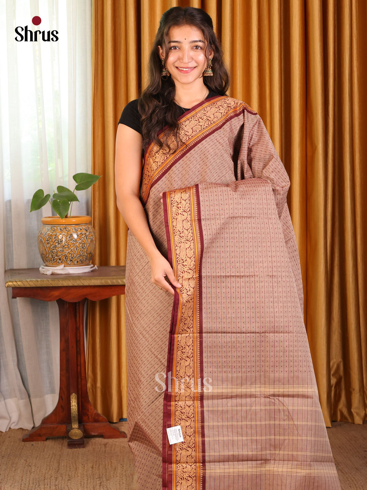 Lite Brown & Maroon - Chettinad Cotton Saree - Shop on Shrus.com