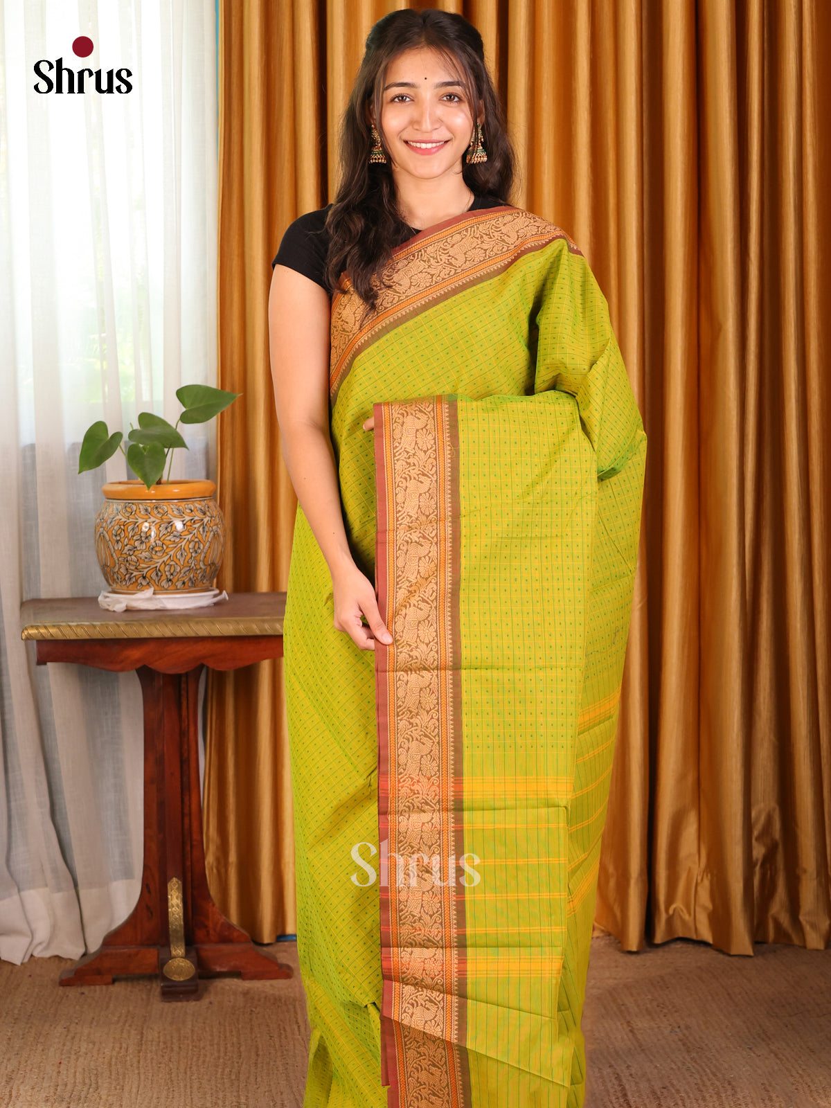 Elegant Lite Green Striped Chettinad Cotton Saree with Buttas & Brown Zari Woven Border - Shop on Shrus.com