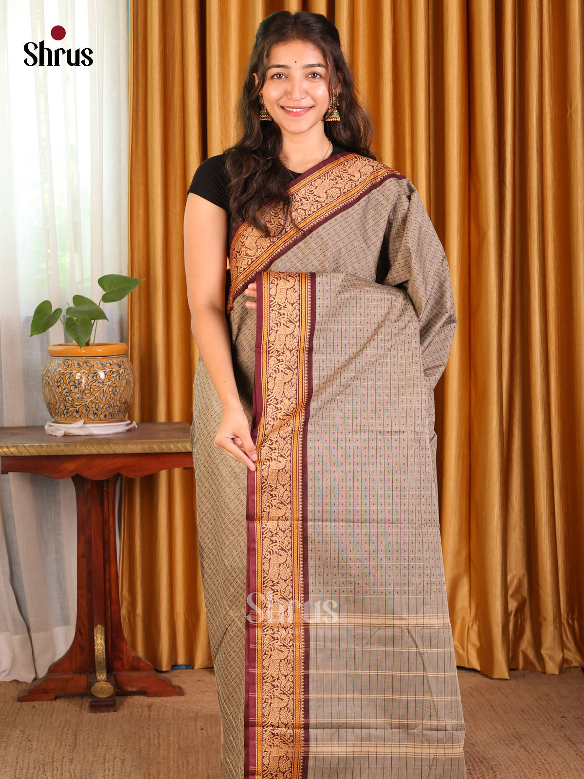 Grey with Maroon - Chettinad Cotton Saree - Shop on Shrus.com