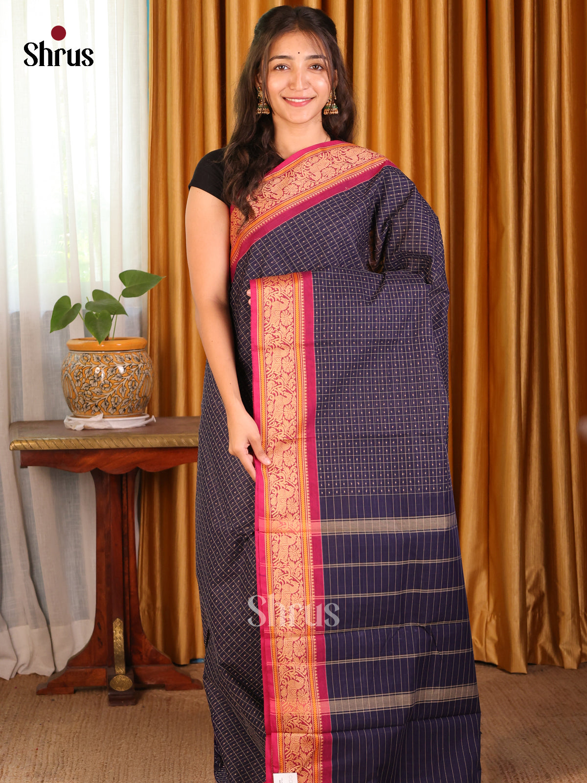 Blue with red - Chettinad Cotton Saree - Shop on Shrus.com