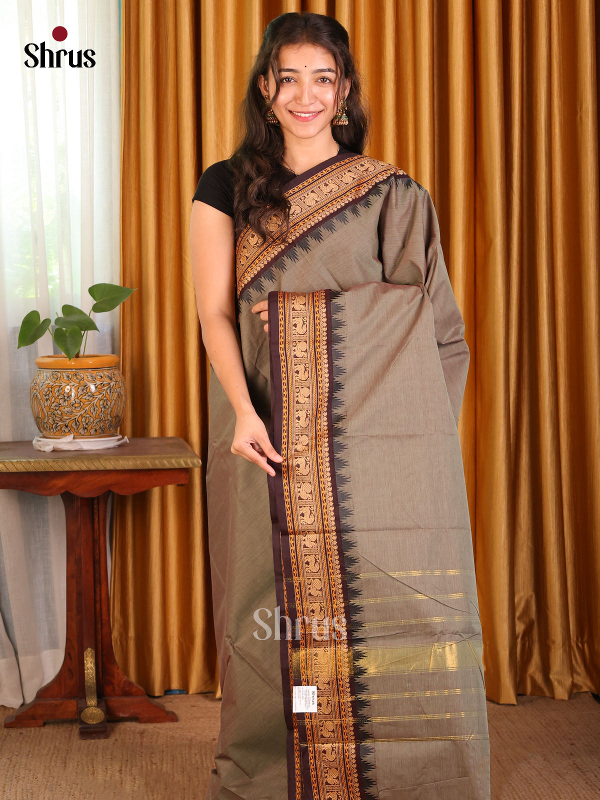 Grey with Maroon - Chettinad Cotton Saree - Shop on Shrus.com