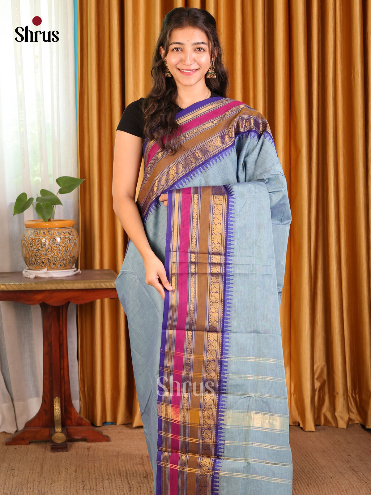 Grey with Blue - Chettinad Cotton Saree - Shop on Shrus.com