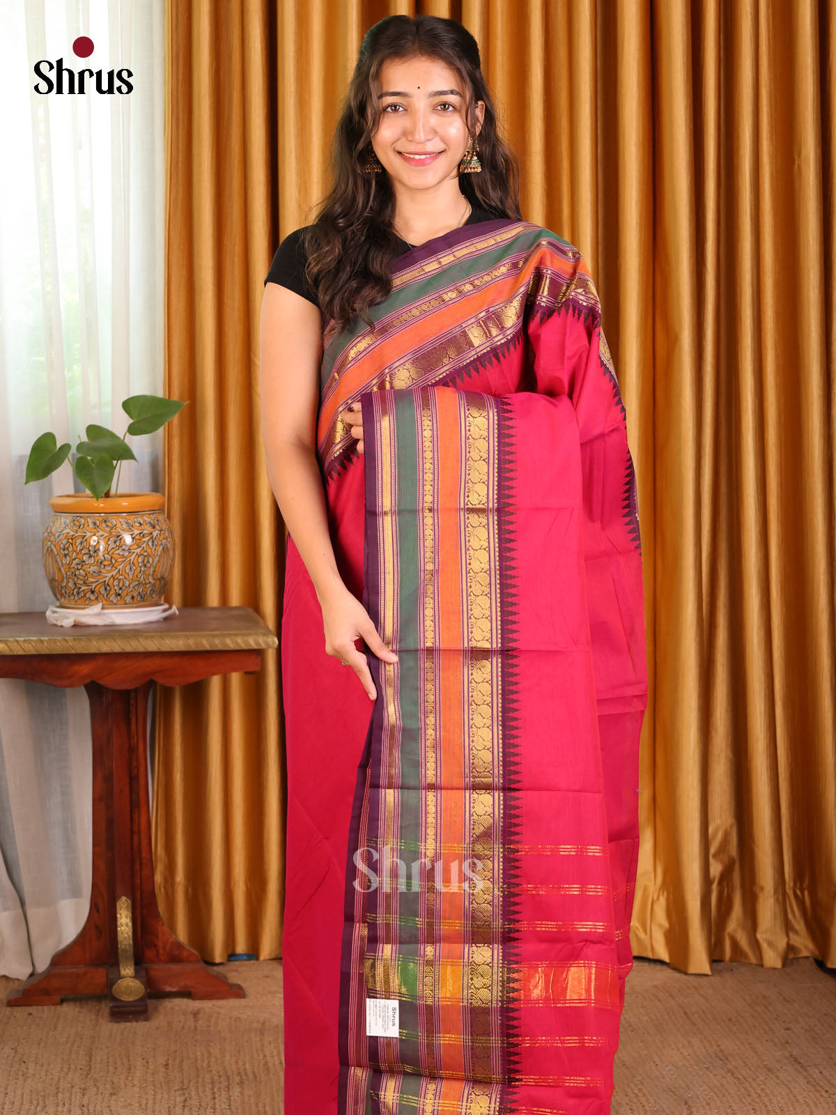 Ruby Red Chettinad Cotton Saree With Brown Zari Border & Self Pallu - Shop on Shrus.com