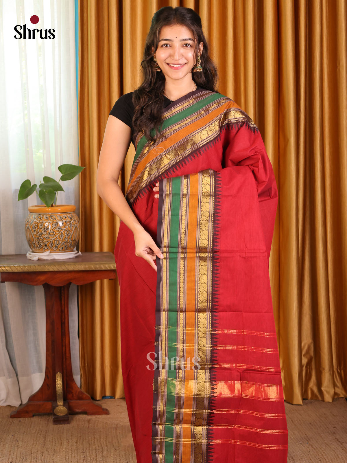 Red with Brown - Chettinad Cotton Saree - Shop on Shrus.com