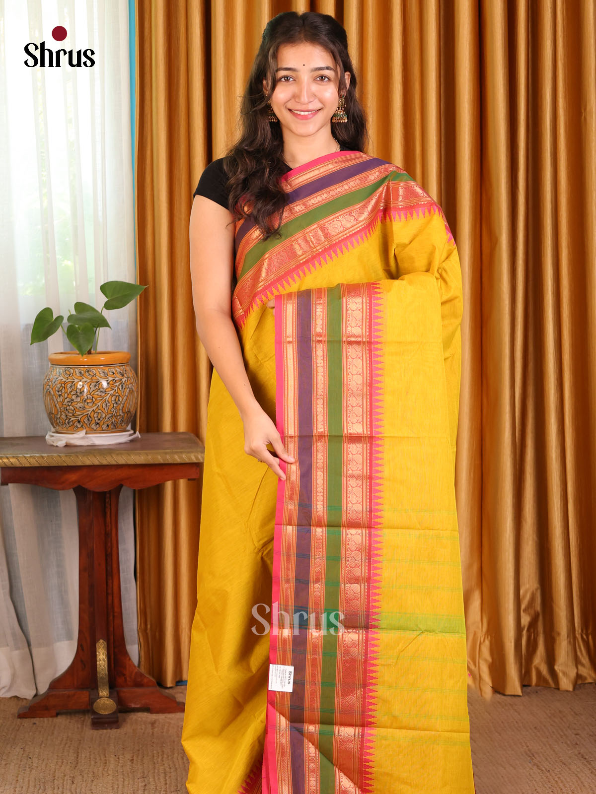 Mustard with Pink - Chettinad Cotton Saree - Shop on Shrus.com