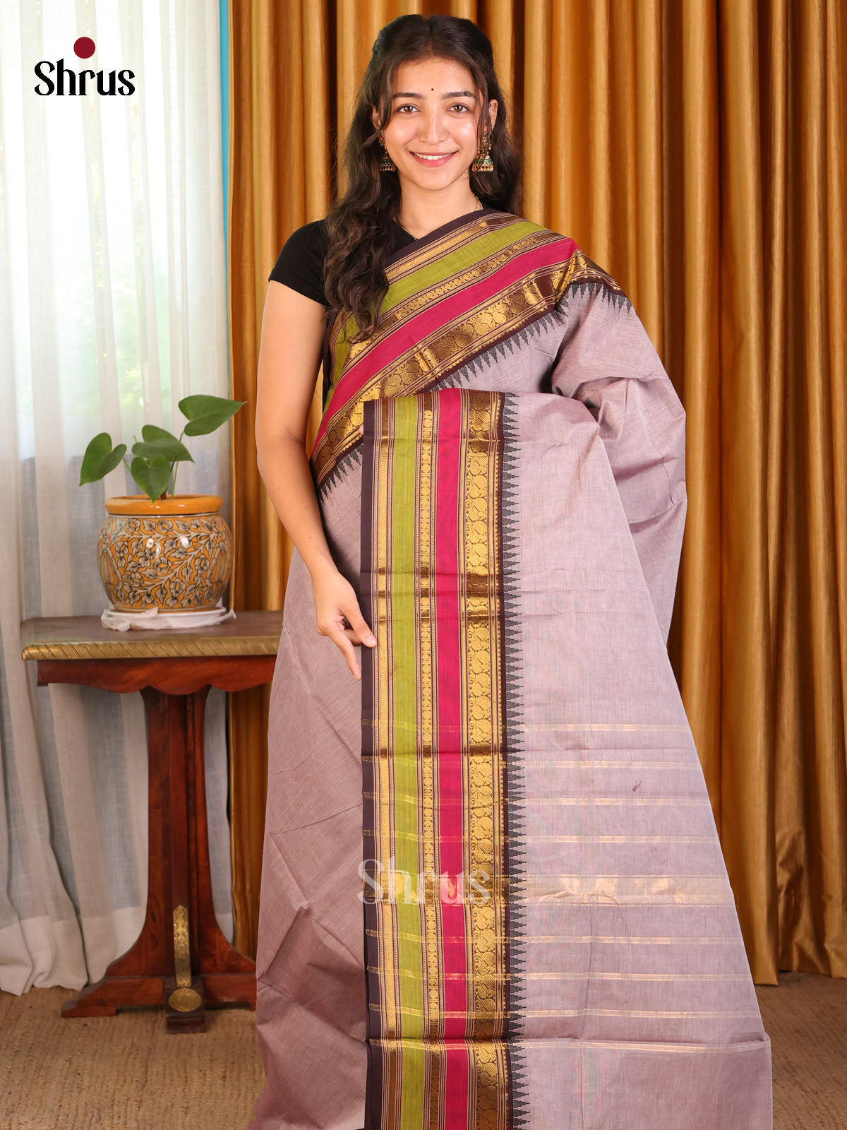 Grey with Brown - Chettinad Cotton Saree - Shop on Shrus.com