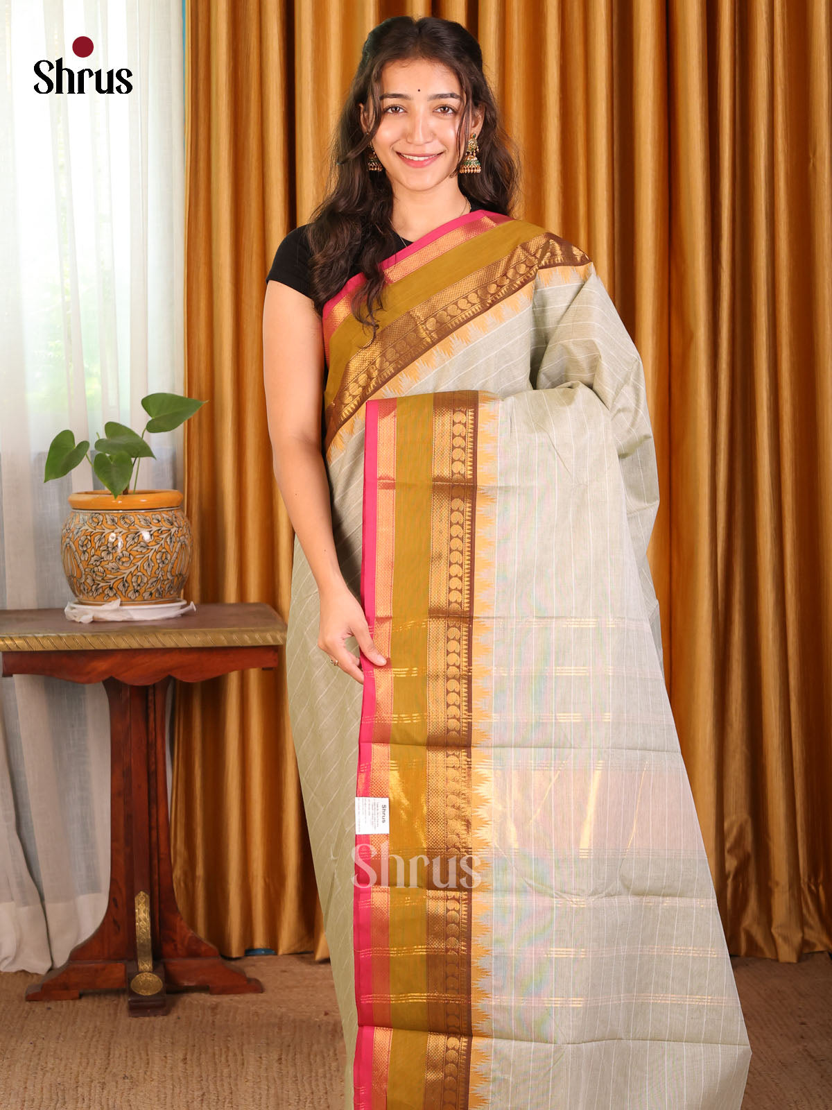 Grey with Brown - Chettinad Cotton Saree - Shop on Shrus.com