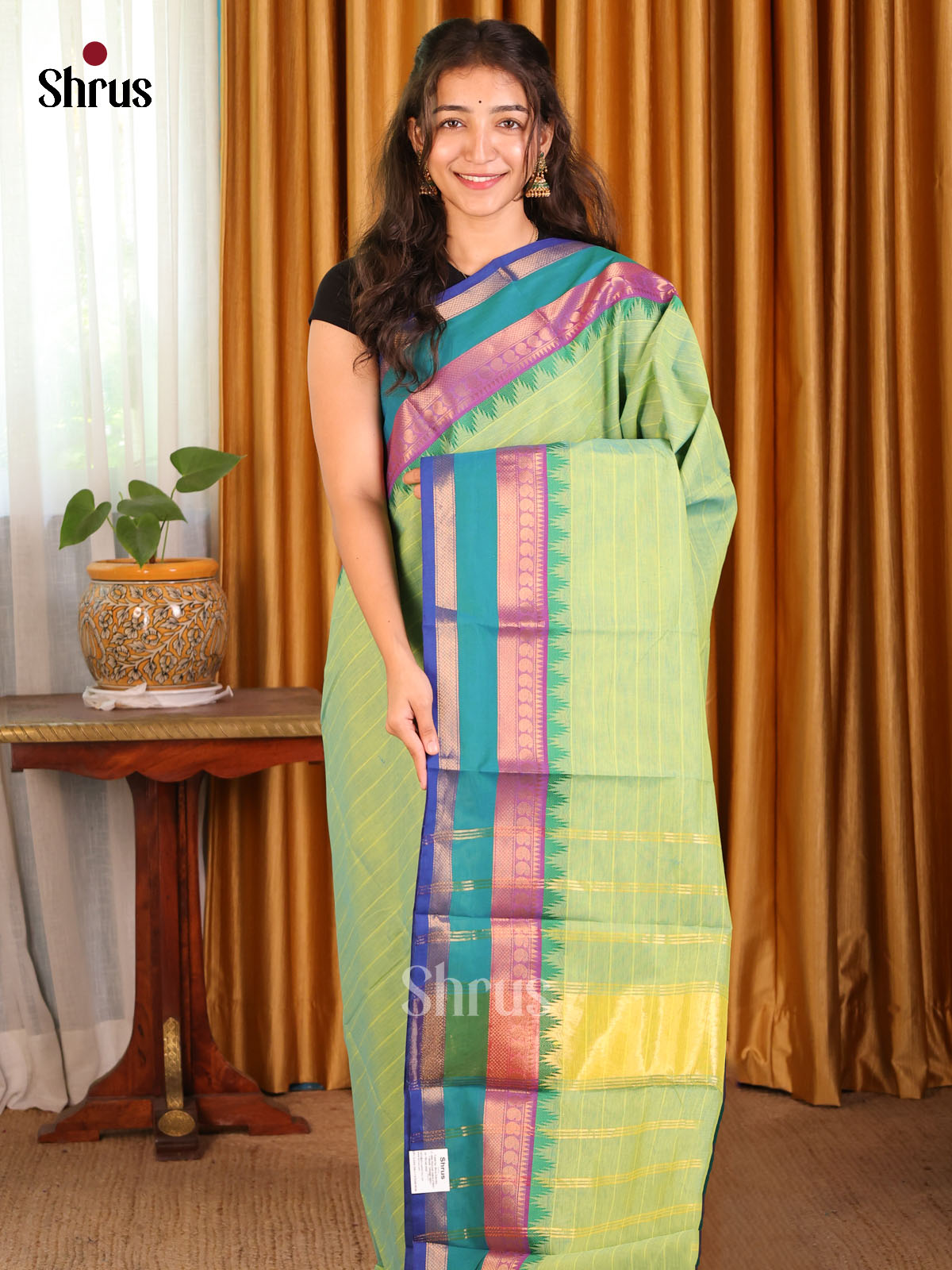 Pista Green with Purple - Chettinad Cotton Saree - Shop on Shrus.com