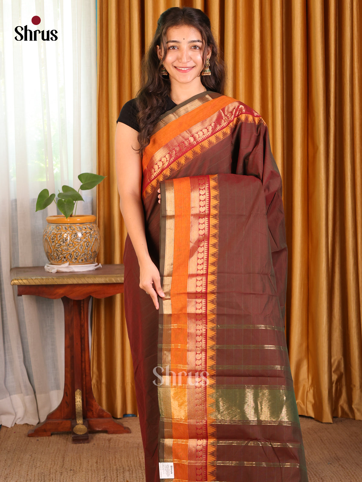 Brown with Orange - Chettinad Cotton Saree - Shop on Shrus.com