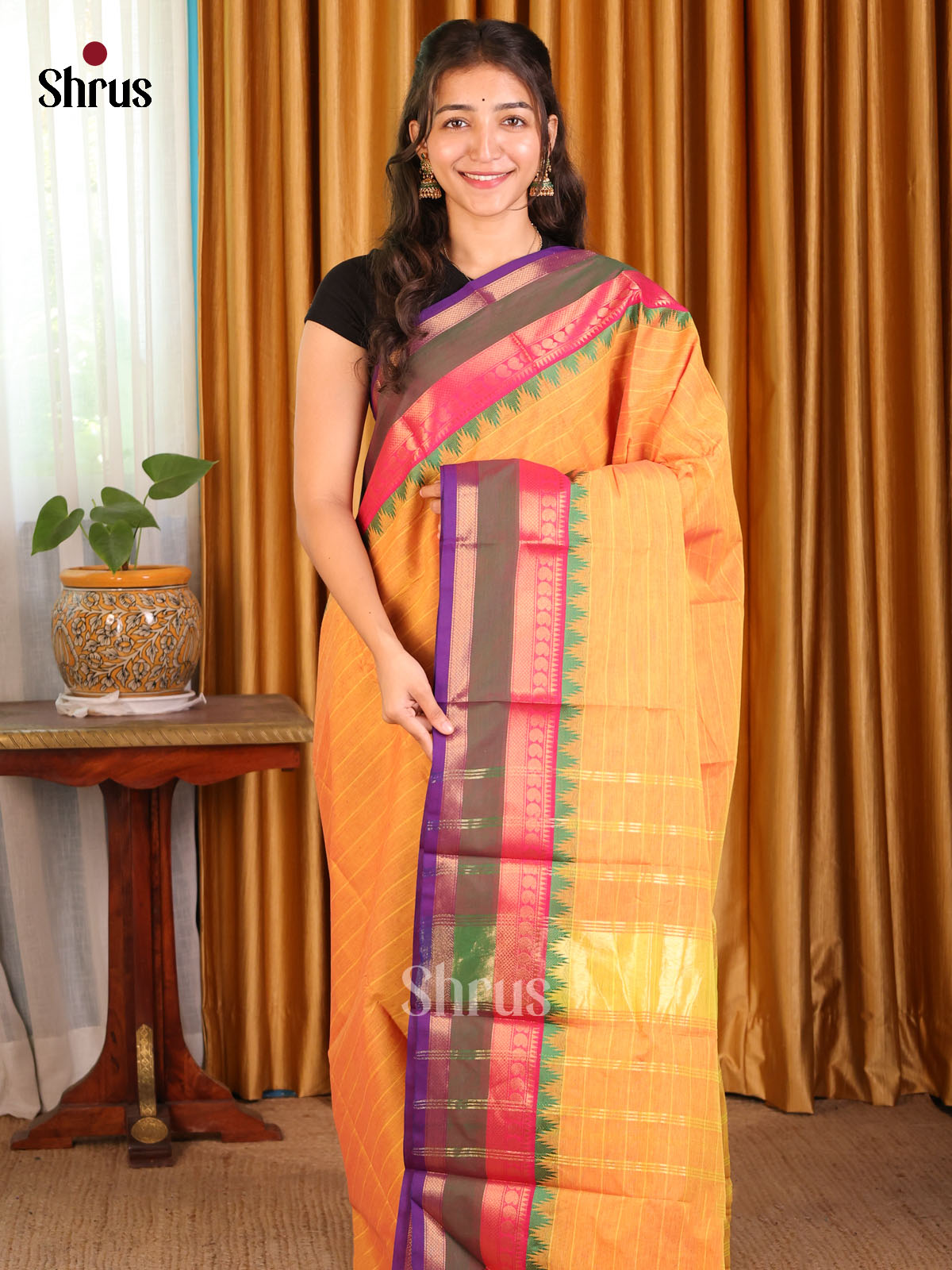 Lite Orange Chettinad Cotton Saree with Pink Zari Border & Striped Body - Shop on Shrus.com