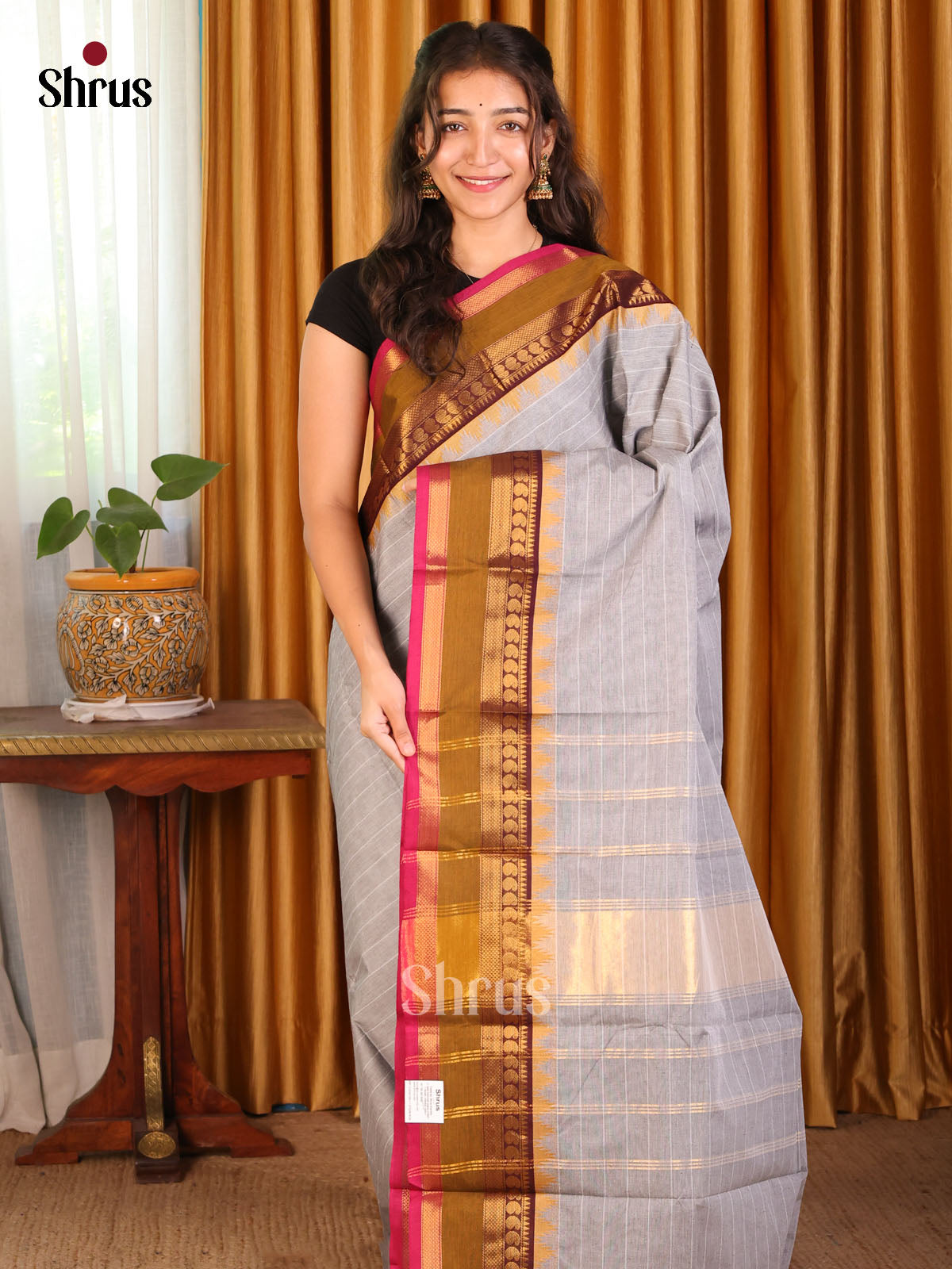 Elegant Grey Chettinad Cotton Saree with Checks & Maroon Zari Border - Shop on Shrus.com