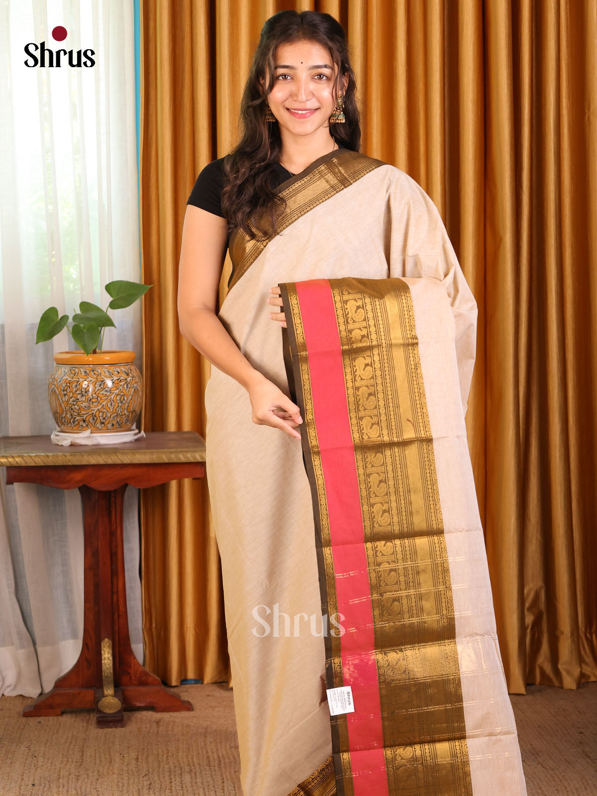 Charming Cream & Chutney Green Chettinad Cotton Saree With Zari Border - Shop on Shrus.com