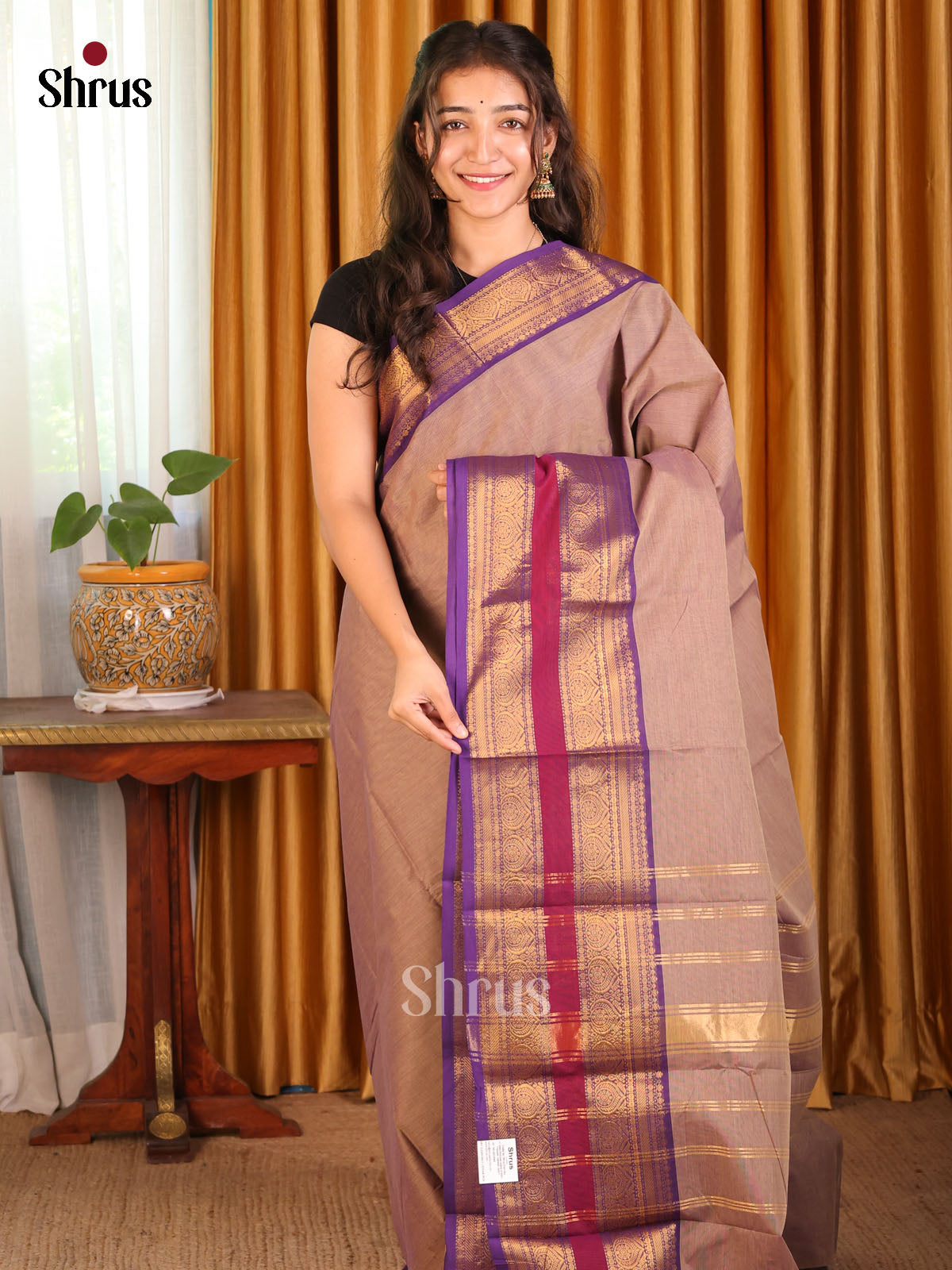 Dusty Brown with Purple - Chettinad Cotton Saree - Shop on Shrus.com