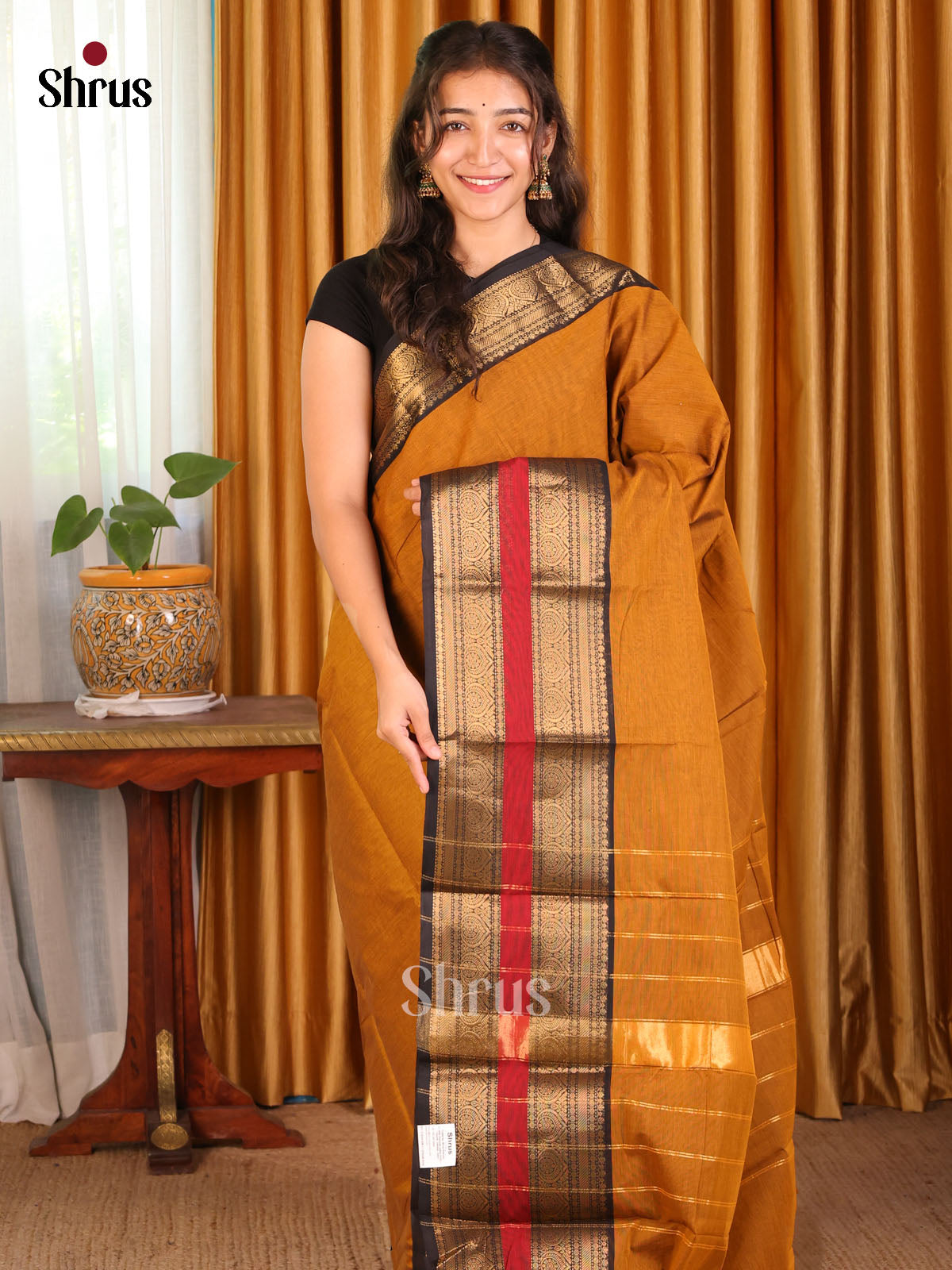 Dark Mustard with Black - Chettinad Cotton Saree - Shop on Shrus.com