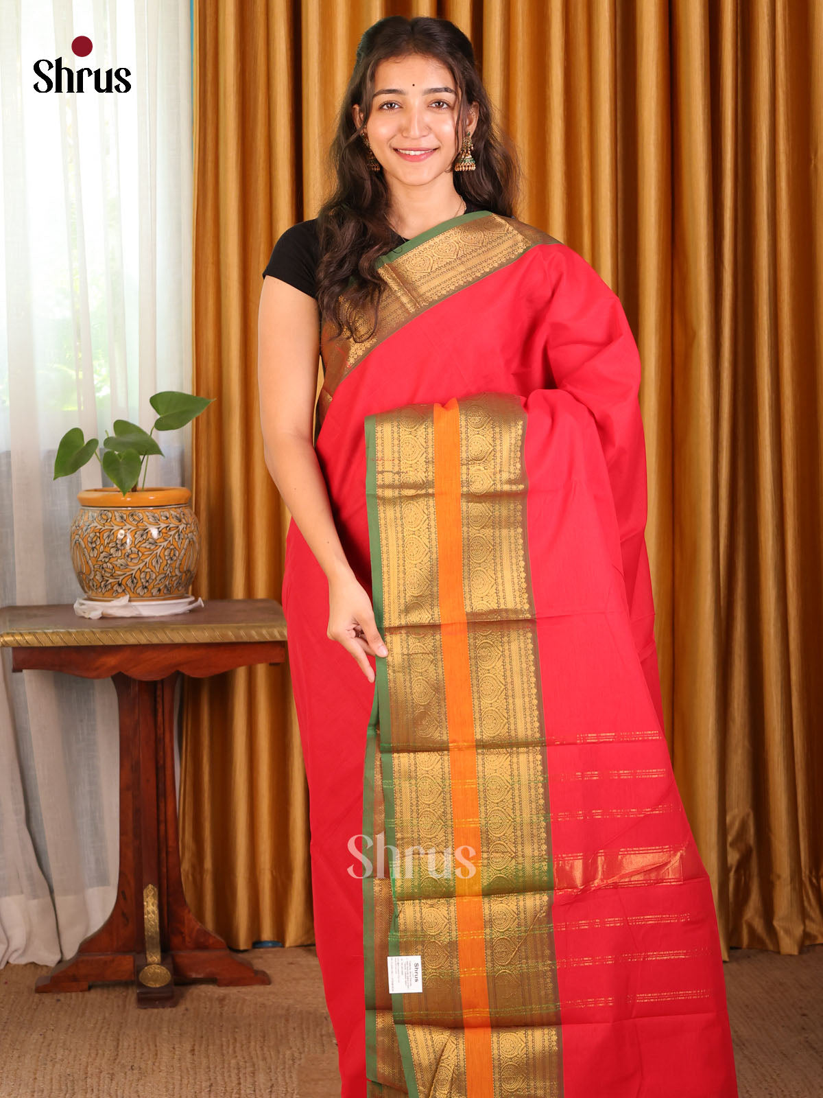 Red with Green - Chettinad Cotton Saree - Shop on Shrus.com