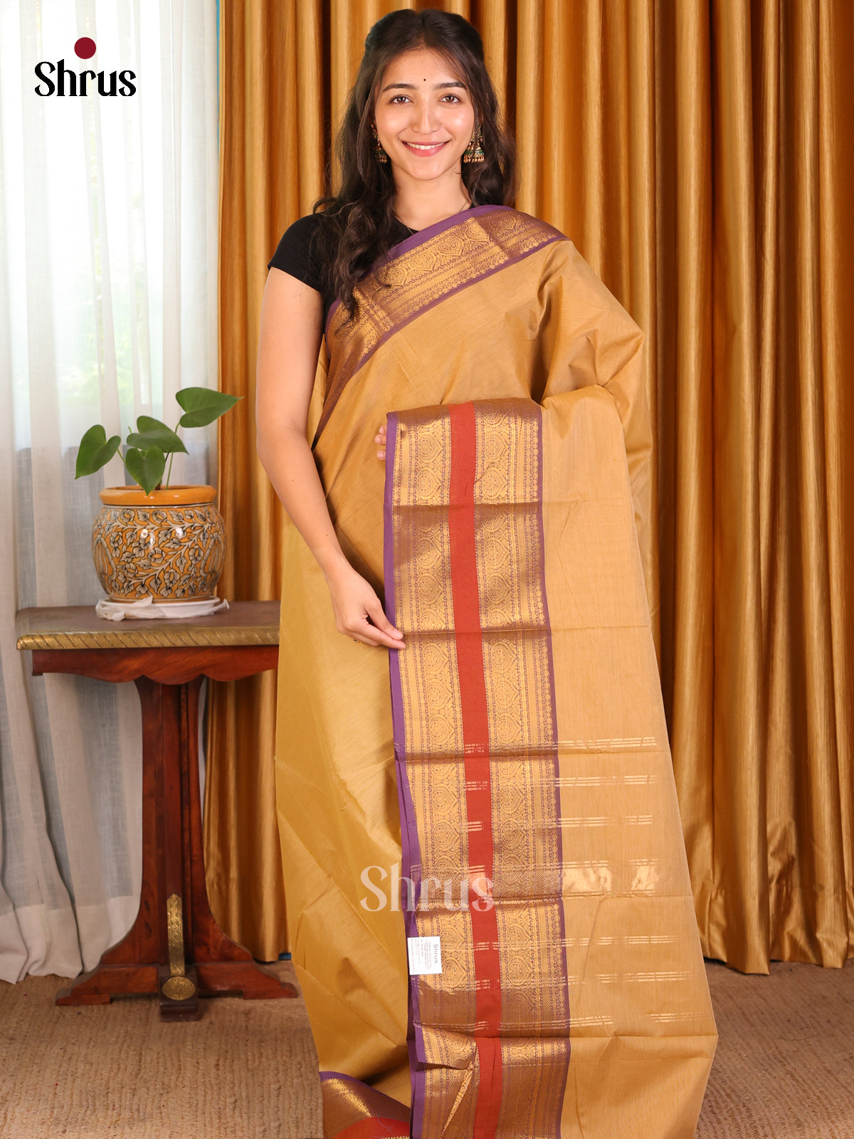 Biscuit with Purple - Chettinad Cotton Saree - Shop on Shrus.com