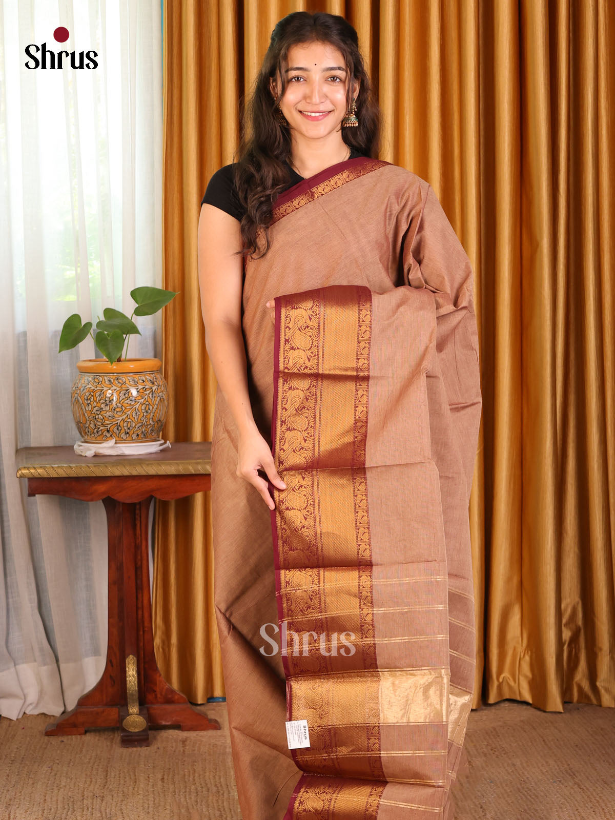 Lite Brown with Maroon - Chettinad Cotton Saree - Shop on Shrus.com