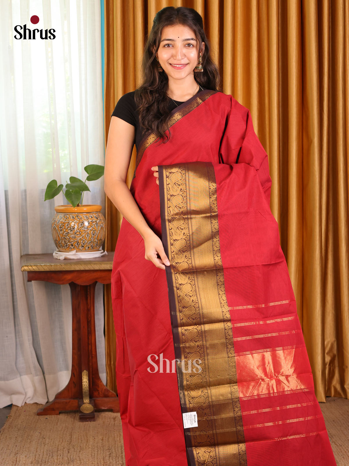 Ruby Red Chettinad Cotton Saree with Brown Zari Border - Shop on Shrus.com