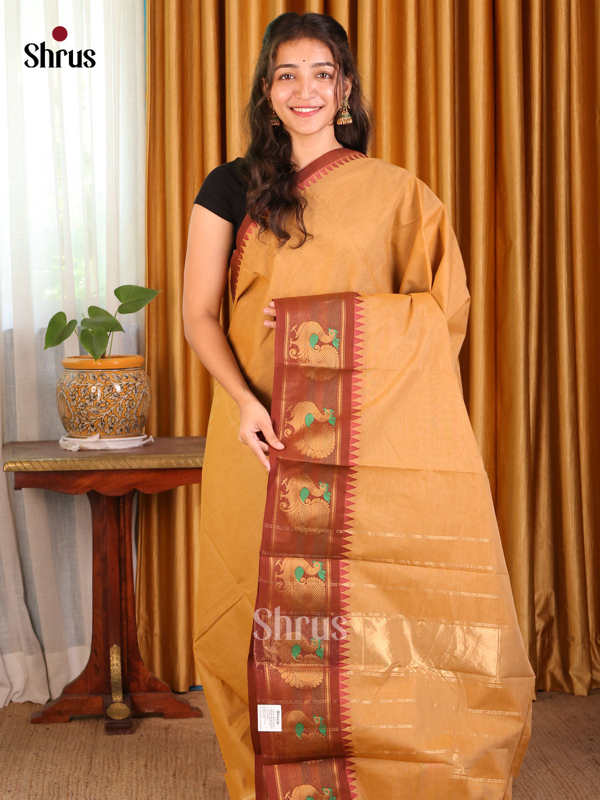 Biscuit with Brown - Chettinad Cotton Saree - Shop on Shrus.com