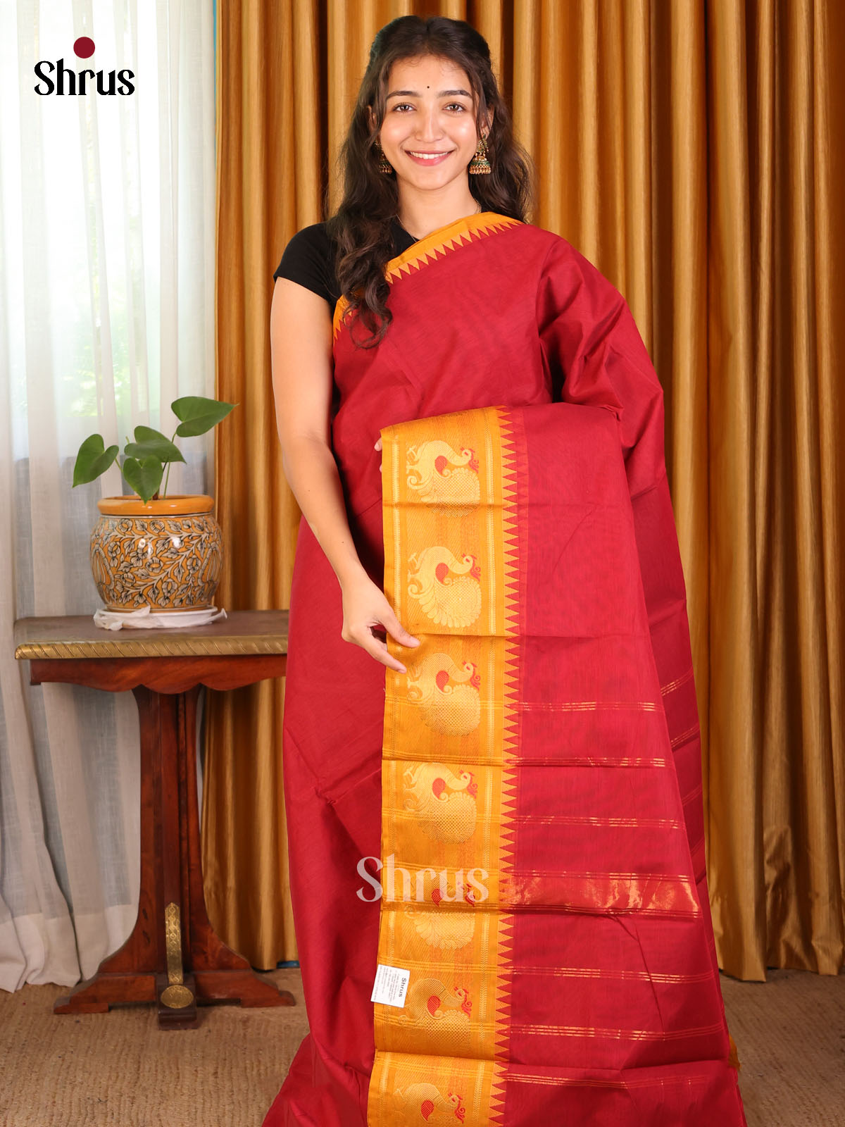 Elegant Red Pure Chettinad Cotton Saree with Mustard Zari Border – Best Prices Online - Shop on Shrus.com
