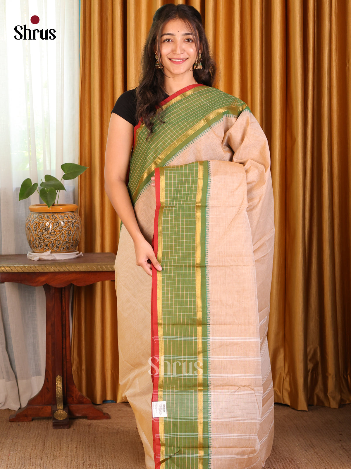 Cream with Green - Chettinad Cotton Saree - Shop on Shrus.com