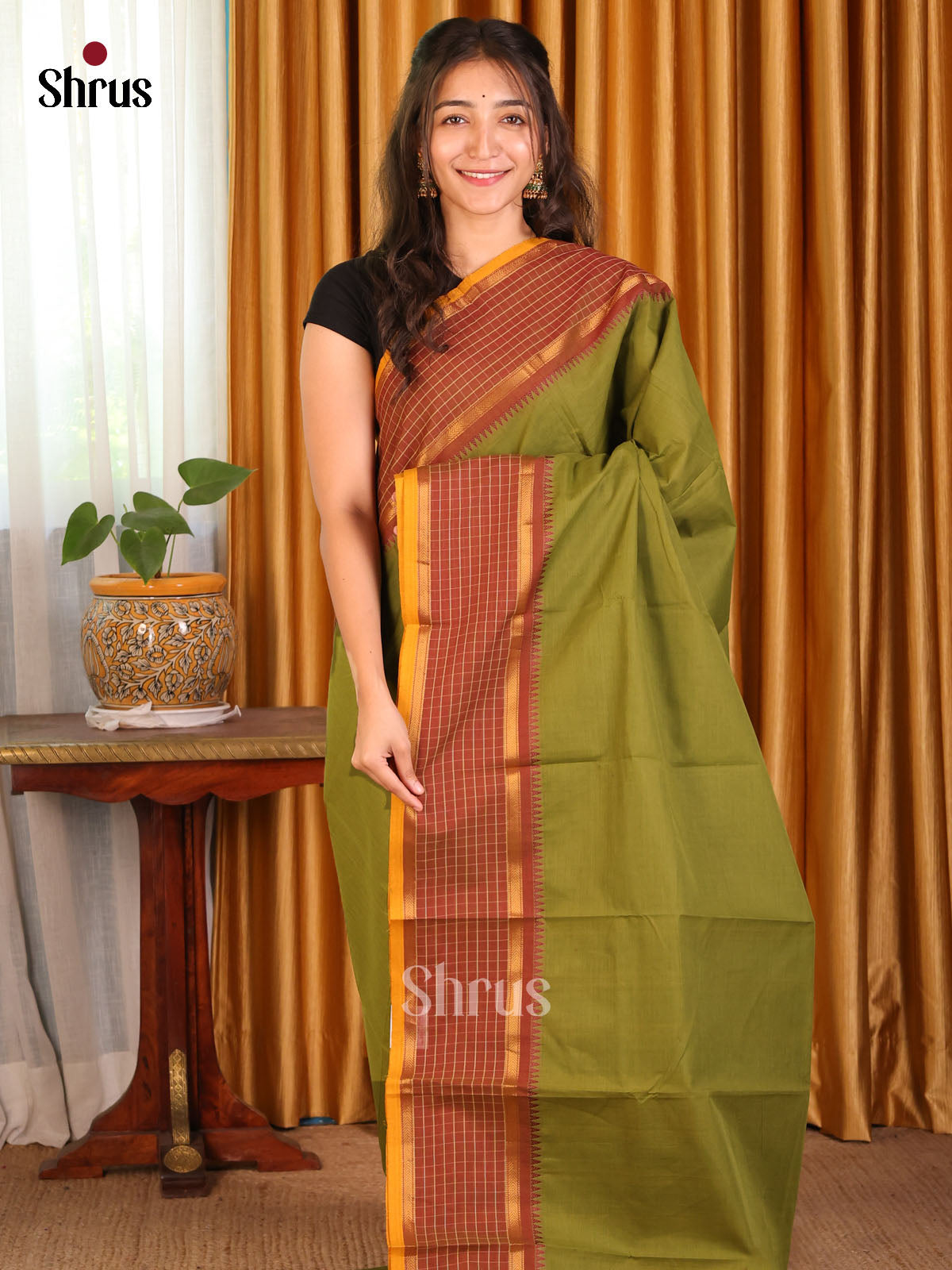 Mehandi Green Chettinad Cotton Saree with Brown Zari Border - Shop on Shrus.com
