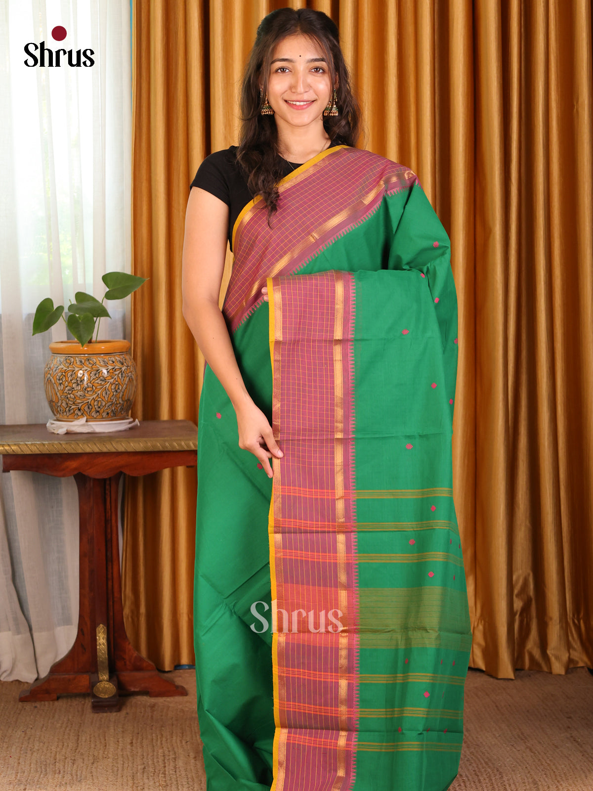 Serene Green Chettinad Cotton Saree with Maroon Zari Woven Border With Checks Pattern - Shop on Shrus.com