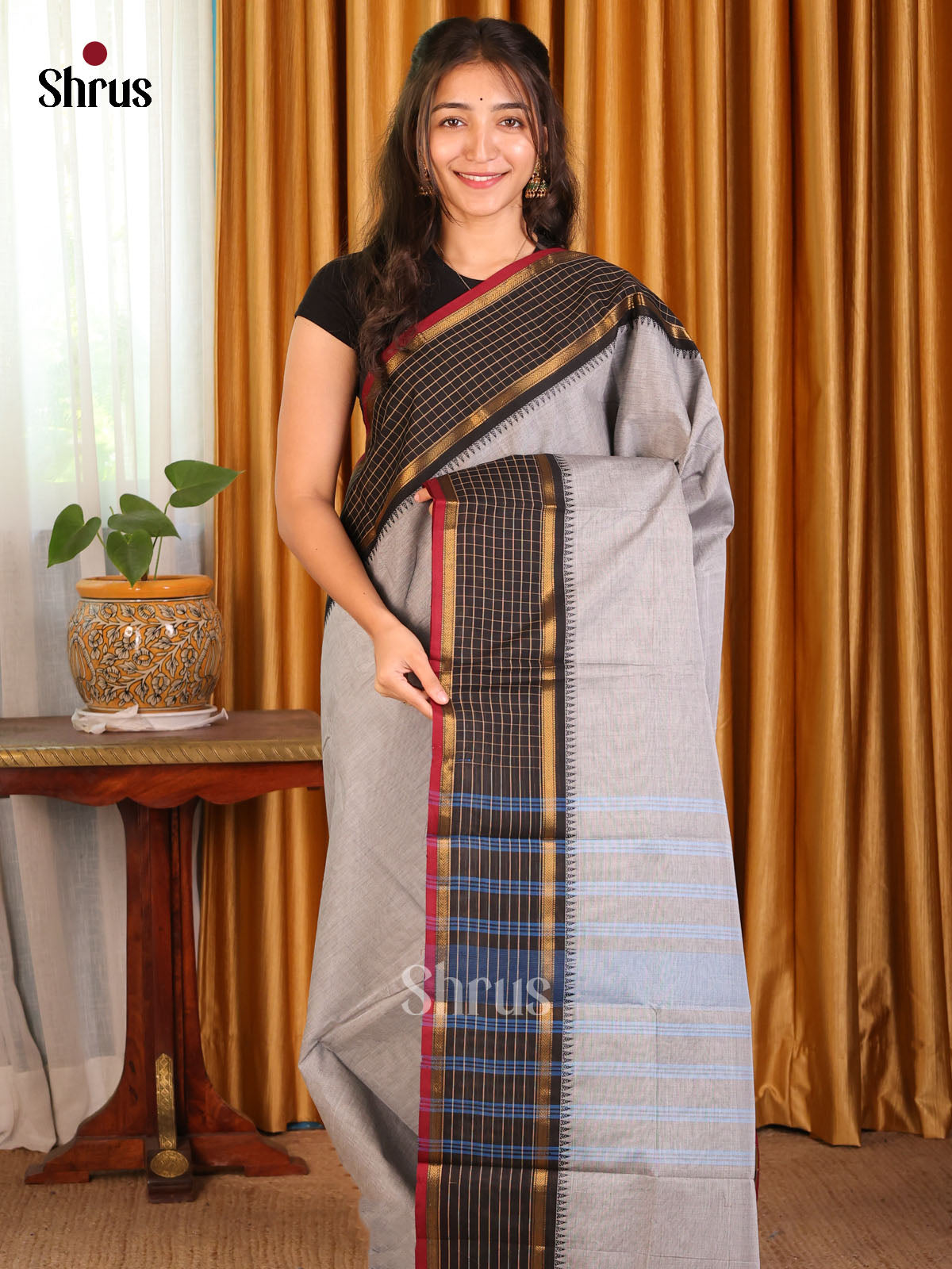 Grey with black - Chettinad Cotton Saree - Shop on Shrus.com