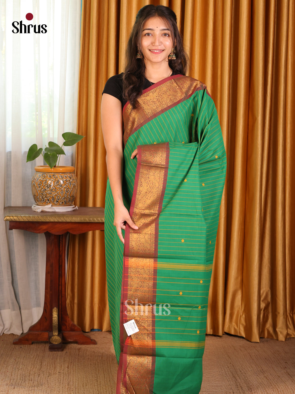 Pretty Green Striped Chettinad Cotton Saree with Thread Buttas & Maroon Zari Border - Shop on Shrus.com