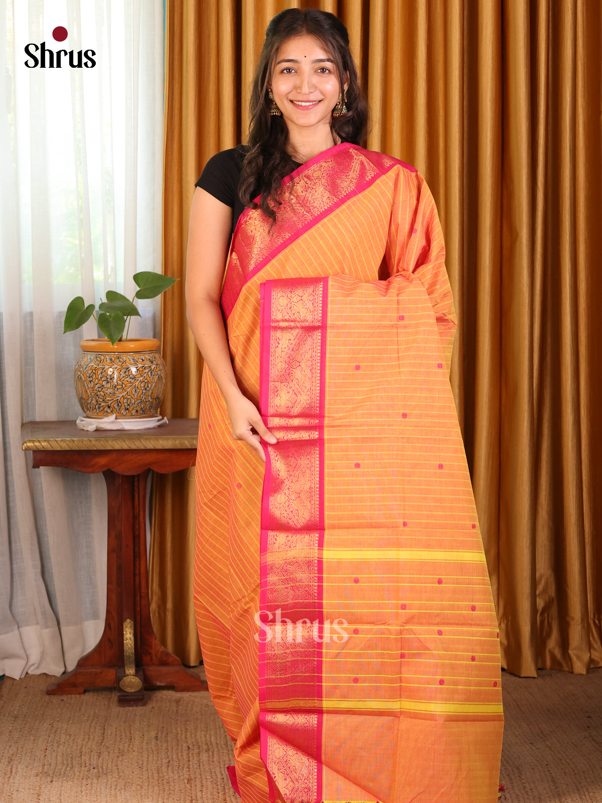 Orange with Pink- Chettinad Cotton Saree - Shop on Shrus.com