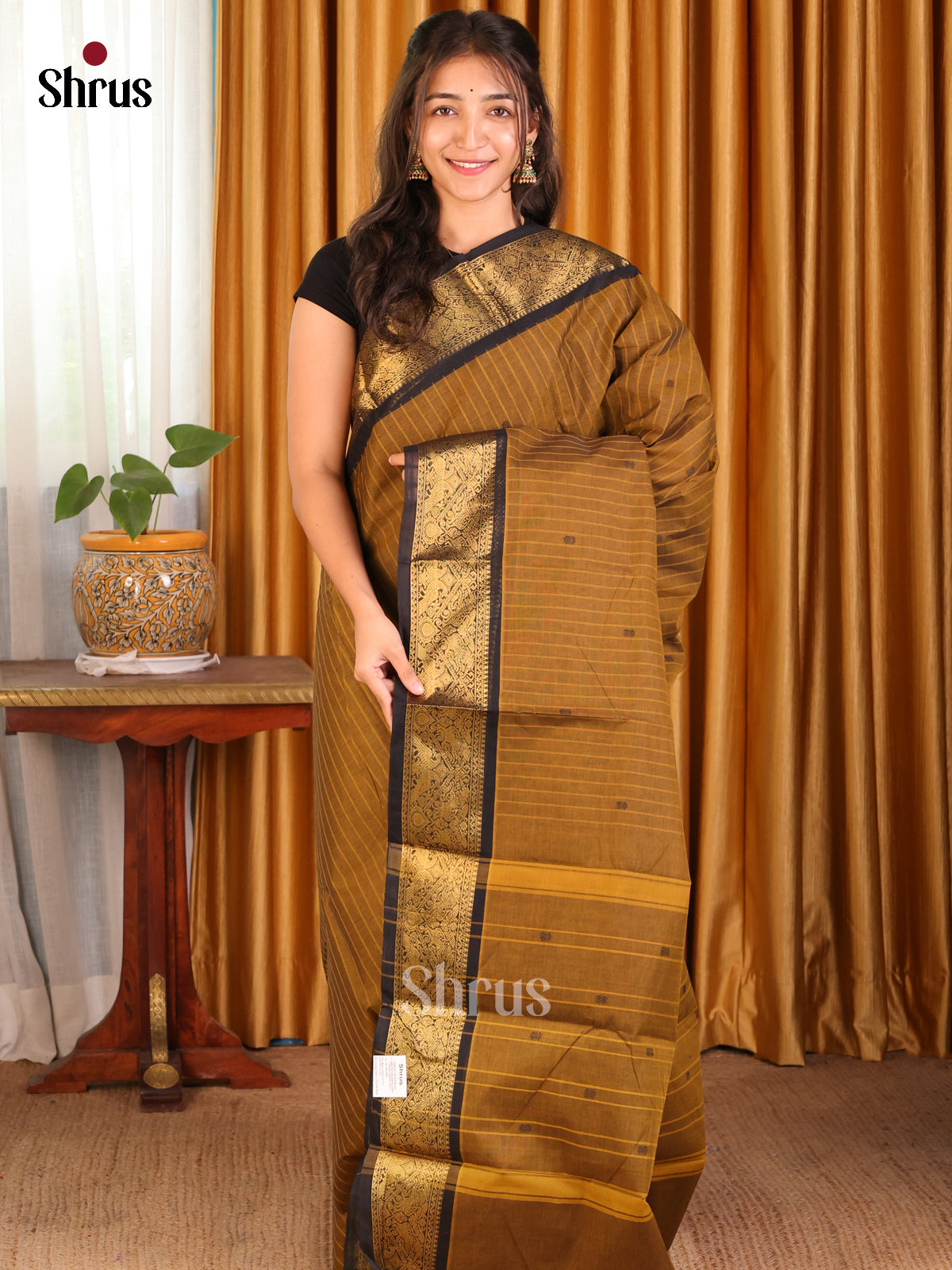 Dark Mustard & Black - Chettinad Cotton Saree - Shop on Shrus.com