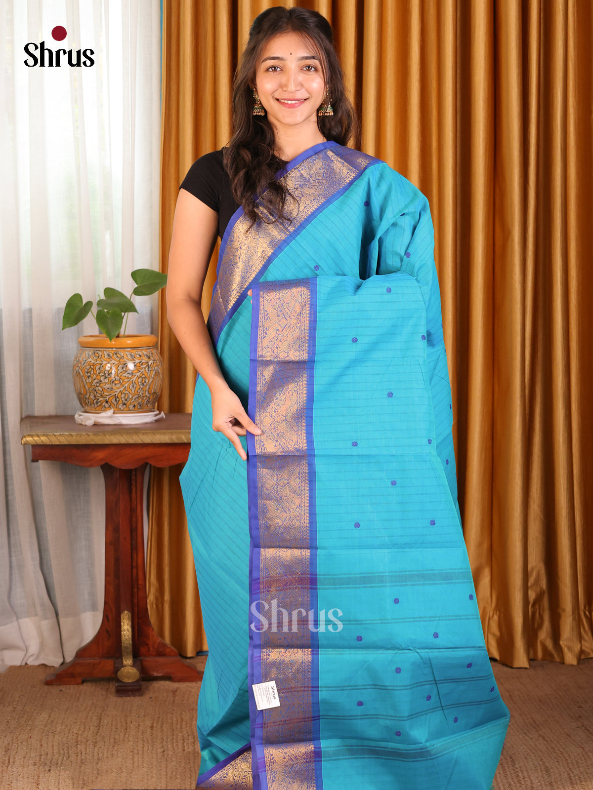 Serene Blue Chettinad Cotton Saree with Checks, Thread Buttas & Zari Border - Shop on Shrus.com