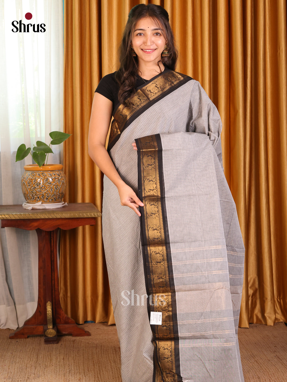 Grey with Black - Chettinad Cotton Saree - Shop on Shrus.com