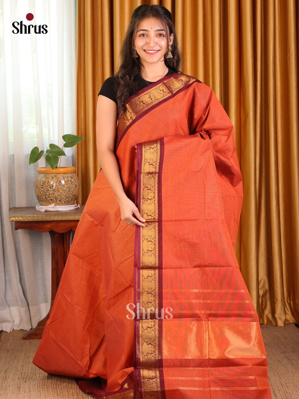 Orange with Maroon - Chettinad Cotton Saree - Shop on Shrus.com