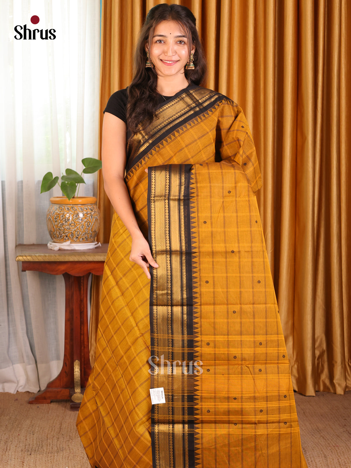 Mustard with Black - Chettinad Cotton Saree - Shop on Shrus.com