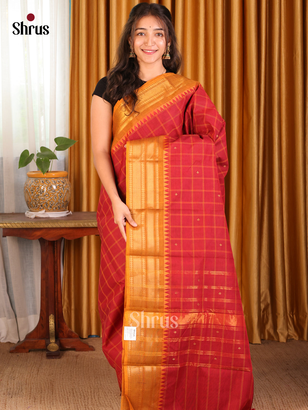 Red with Brick - Chettinad Cotton Saree - Shop on Shrus.com