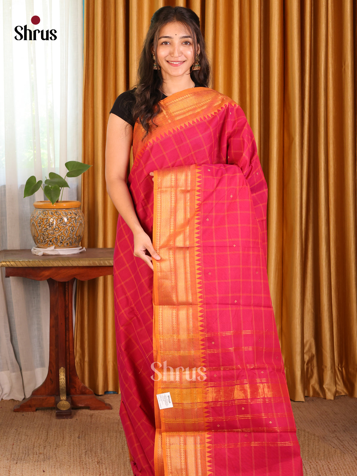 Pink with Brick - Chettinad Cotton Saree - Shop on Shrus.com