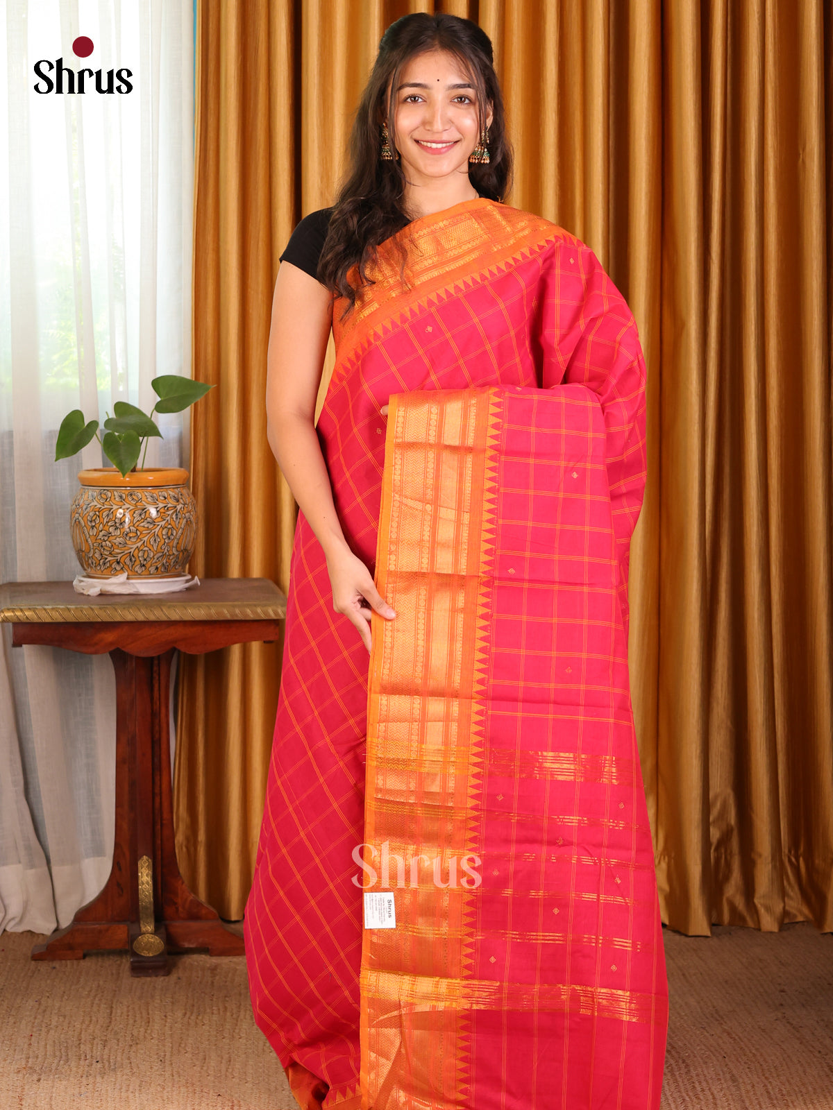 Pink with Brick - Chettinad Cotton Saree - Shop on Shrus.com